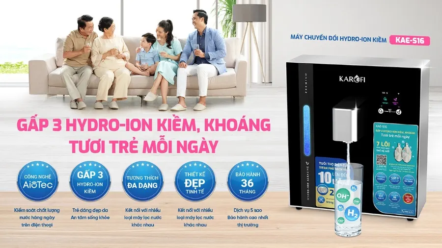 Máy chuyển đổi Hydro-ion kiềm Karofi KAE-S16 gấp 3 Hydro-ion kiềm, khoáng - tươi trẻ mỗi ngày - Máy lọc nước Hydro-ion kiềm Karofi KAE-S16