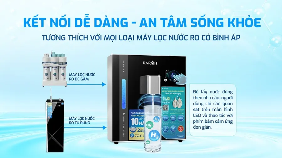 Kết nối dễ dàng, tương thích với mọi loại máy lọc nước RO – Máy lọc nước Hydro-ion kiềm Karofi KAE-S16 - Máy lọc nước Hydro-ion kiềm Karofi KAE-S16