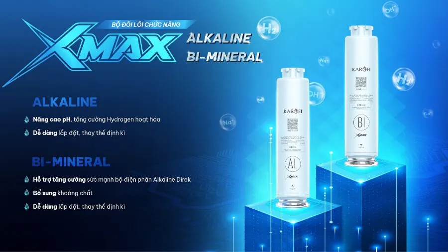 Bổ sung 2 lõi chức năng xmax alkaline & xmax bi-mineral - Máy lọc nước nóng lạnh Hydro-ion kiềm Karofi DIAMOND SA66