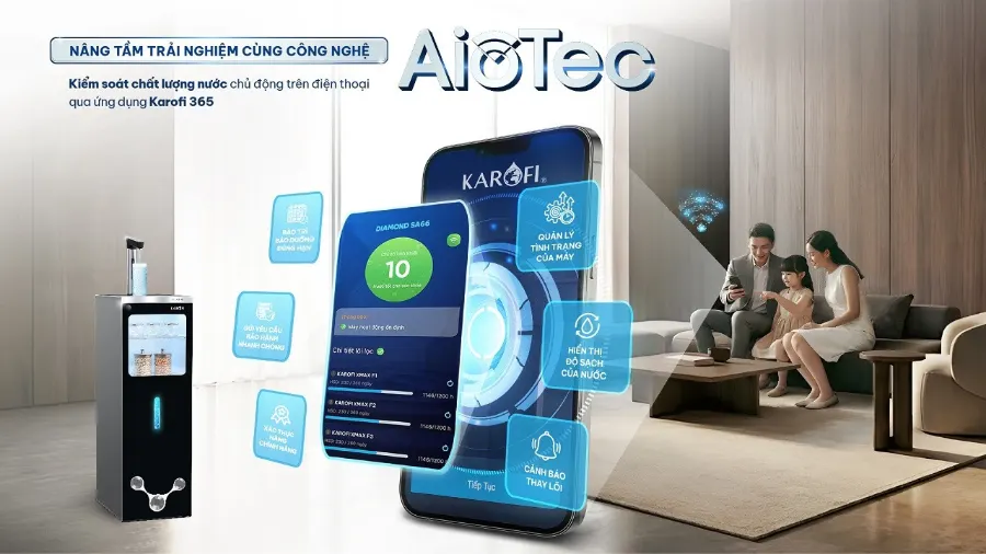 Công nghệ AioTec - giám sát chất lượng nước từ xa qua điện thoại - Máy lọc nước nóng lạnh Hydro-ion kiềm Karofi DIAMOND SA66
