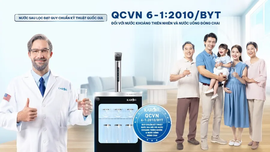 Nước sau lọc đạt Quy chuẩn Kỹ thuật Quốc gia đối với nước khoáng thiên nhiên và nước uống đóng chai QCVN 6-1:2010/BYT - Máy lọc nước nóng lạnh Hydro-ion kiềm Karofi DIAMOND SA66
