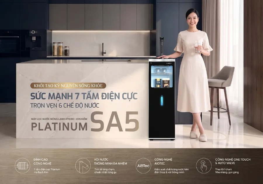 Máy lọc nước nóng lạnh hydro - ion kiềm platinum SA5 khởi tạo kỷ nguyên sống khỏe sức mạnh 7 tấm điện cực - trọn vẹn 6 chế độ nước - Máy lọc nước nóng lạnh Hydro-ion kiềm Karofi PLATINUM SA5