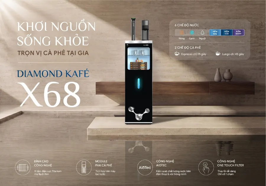 Khơi nguồn sống khỏe - Trọn vị cafe tại gia 11 tấm điện cực Titanium mạ Bạch Kim – Máy lọc nước nóng lạnh Hydro-ion kiềm Karofi DIAMOND KAFÉ X68 - Máy lọc nước nóng lạnh Hydro-ion kiềm Karofi DIAMOND KAFÉ X68