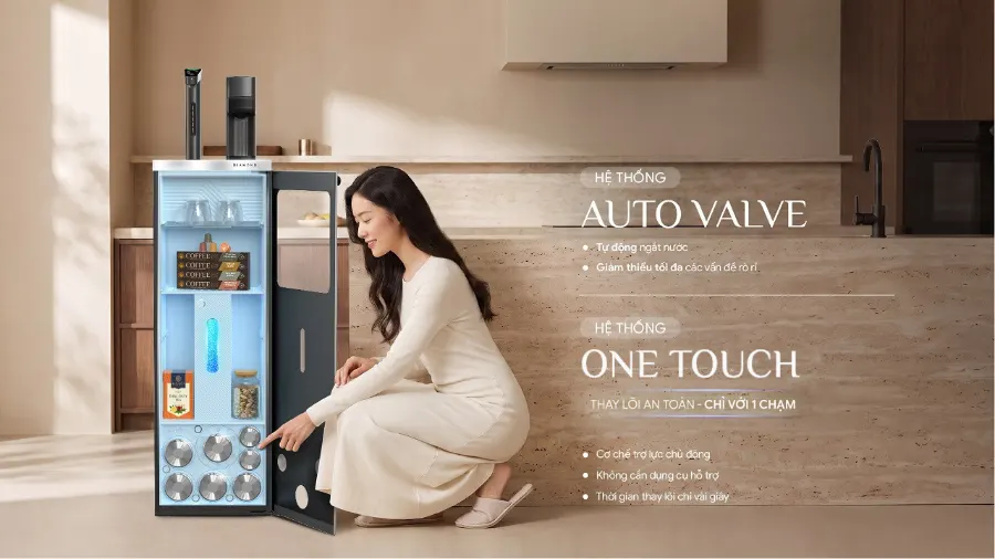 Công nghệ 1 chạm - tiện nghi khác biệt – Máy lọc nước nóng lạnh Hydro-ion kiềm Karofi DIAMOND KAFÉ X68 - Máy lọc nước nóng lạnh Hydro-ion kiềm Karofi DIAMOND KAFÉ X68