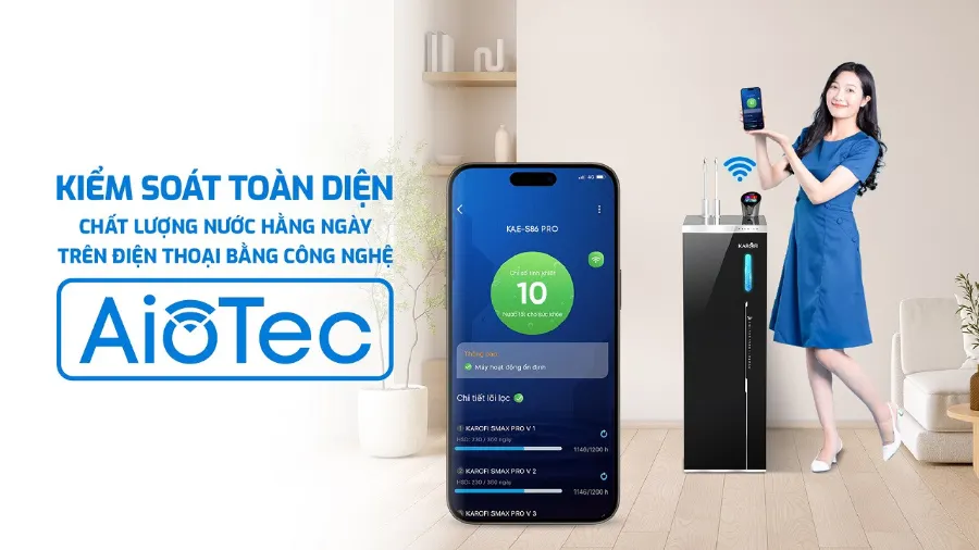 Công nghệ AioTec thông minh - kiểm soát chất lượng nước toàn diện – Máy lọc nước nóng lạnh Hydro-ion kiềm Karofi KAE-S86 PRO - Máy lọc nước nóng lạnh Hydro-ion kiềm Karofi KAE-S86 PRO