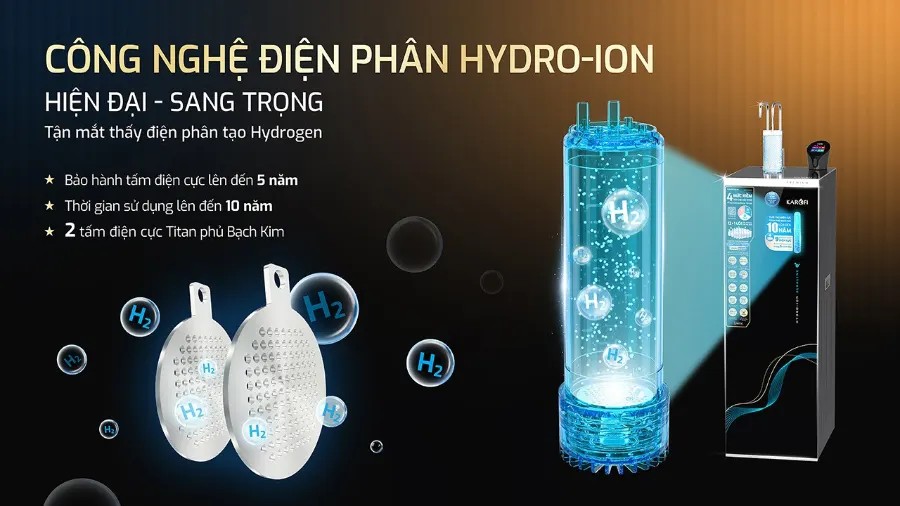 Sự an tâm đến từ điện phân Hydrogen thật và thấy thật tại Karofi thông qua, trực tiếp chứng kiến quá trình điện phân Hydro-ion kiềm bằng công nghệ Hydro-ion - Máy lọc nước nóng lạnh Hydro-ion kiềm Karofi SA9 PREMIUM