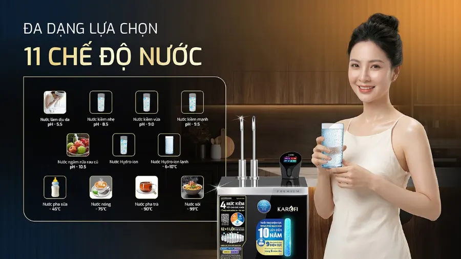 11 chế độ nước: uống, chăm da, rửa râu - giải pháp toàn diện cho gia đình cao cấp – Máy lọc nước nóng lạnh Hydro-ion kiềm Karofi SA9 PREMIUM - Máy lọc nước nóng lạnh Hydro-ion kiềm Karofi SA9 PREMIUM