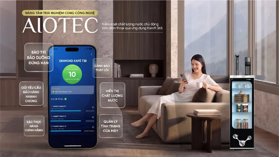 Chủ động theo dõi chất lượng nước từ xa với công nghệ AioTec - Máy lọc nước nóng lạnh Karofi DIAMOND KAFÉ T38