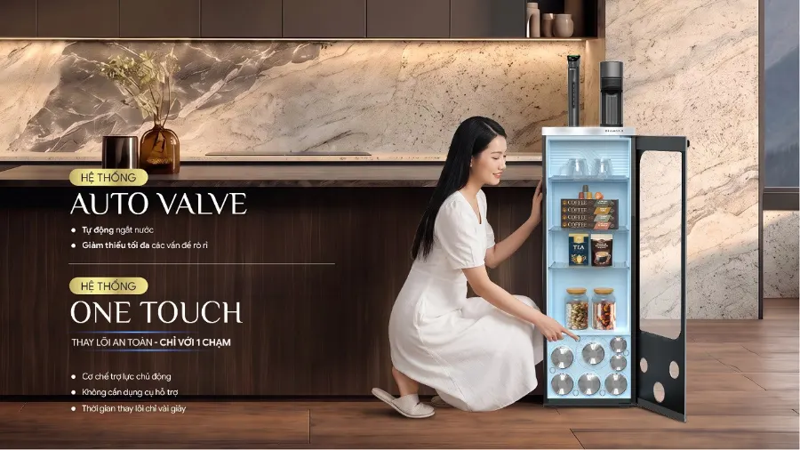 1 chạm thay lõi - công nghệ tạo nên khác biệt – Máy lọc nước nóng lạnh Karofi DIAMOND KAFÉ T38 - Máy lọc nước nóng lạnh Karofi DIAMOND KAFÉ T38