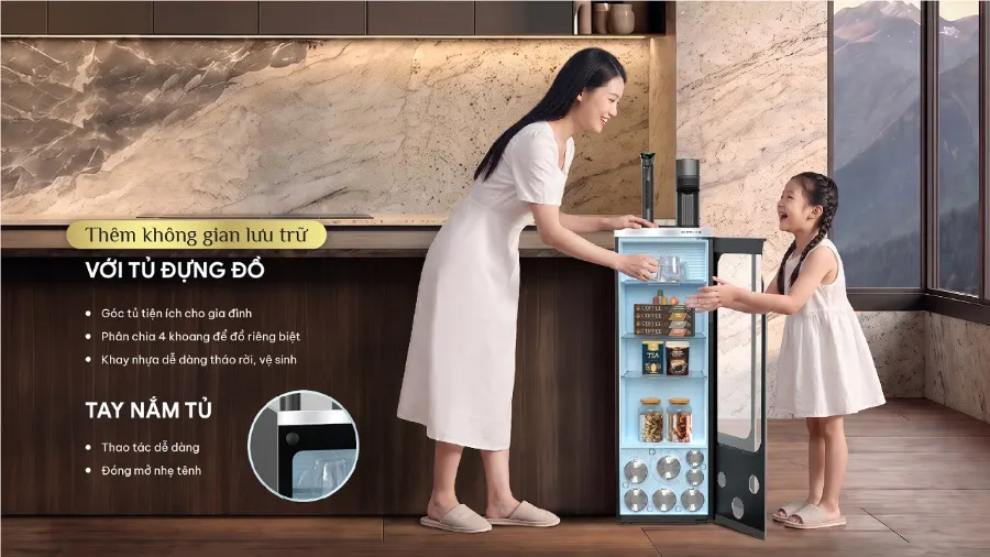 Tủ đa năng tiện lợi - tay nắm dễ thao tác - Máy lọc nước nóng lạnh Karofi DIAMOND KAFÉ T38