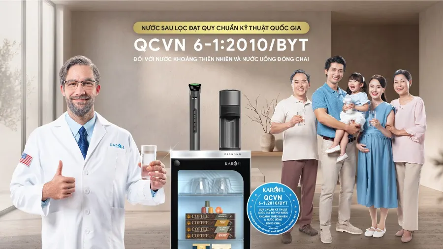 Nước sau lọc đạt Quy chuẩn Kỹ thuật Quốc gia đối với nước khoáng thiên nhiên và nước uống đóng chai QCVN 6-1:2010/BYT - Máy lọc nước nóng lạnh Karofi DIAMOND KAFÉ T38