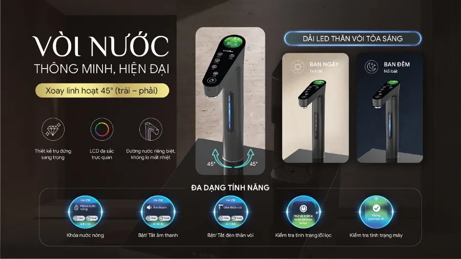 Vòi thông minh cao cấp - công nghệ dẫn lối trải nghiệm – Máy lọc nước nóng lạnh Karofi DIAMOND KAFÉ T38 - Máy lọc nước nóng lạnh Karofi DIAMOND KAFÉ T38