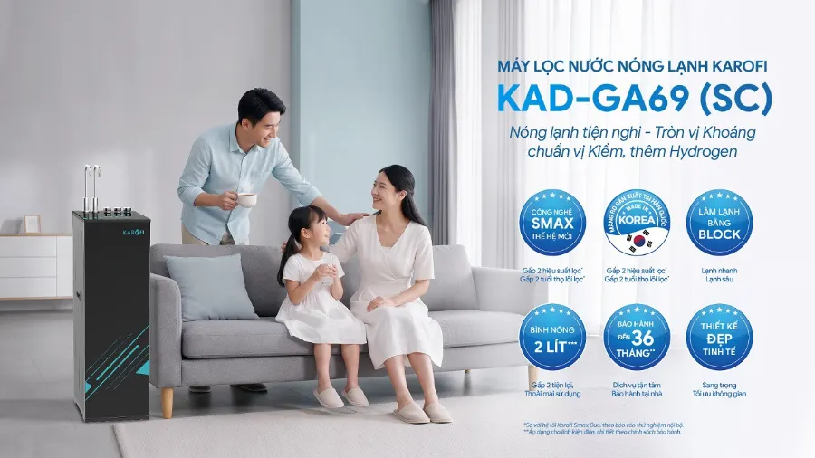 Máy lọc nước nóng lạnh Karofi KAD-GA69 (SC) (SC)Nóng lạnh tiện nghi - Tròn vị Khoáng, chuẩn vị Kiềm, thêm Hydrogen. - Máy lọc nước nóng lạnh Karofi KAD-GA69 (SC)