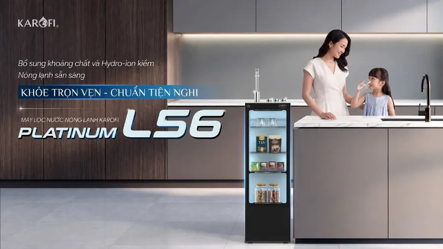 Máy lọc nước nóng lạnh Karofi PLATINUM L56 PLATINUM L56 khơi nguồn khoáng chất và Hydro-ion kiềm - nóng lạnh sẵn sàng khỏe trọn vẹn - chuẩn tiện nghi - Máy lọc nước nóng lạnh Karofi PLATINUM L56