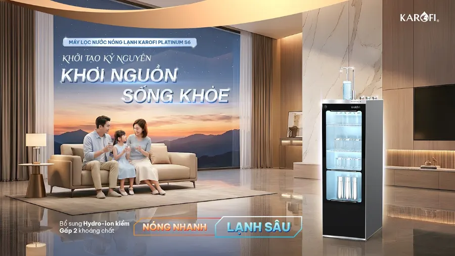 Máy lọc nước nóng lạnh Karofi PLATINUM S6 PLATINUM S6 khởi tạo kỷ nguyên - khơi nguồn sống khỏe bổ sung Hydro-ion kiềm - gấp 2 khoáng chất - nóng nhanh - lạnh sâu - Máy lọc nước nóng lạnh Karofi PLATINUM S6