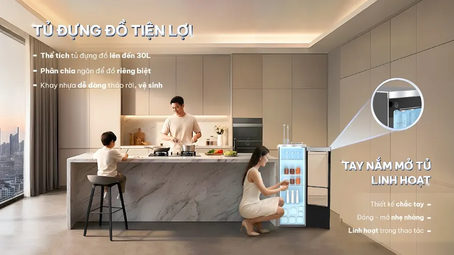 Tủ đựng đồ tiện lợi - Tay nắm mở tủ linh hoạt - Máy lọc nước nóng lạnh Karofi PLATINUM S6