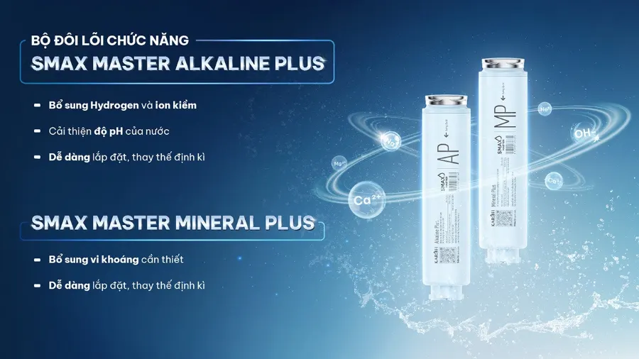 Bổ sung 2 lõi chức năng Smax Master Mineral Plus và lõi Smax Master Alkaline Plus - Máy lọc nước nóng lạnh Karofi PLATINUM S6
