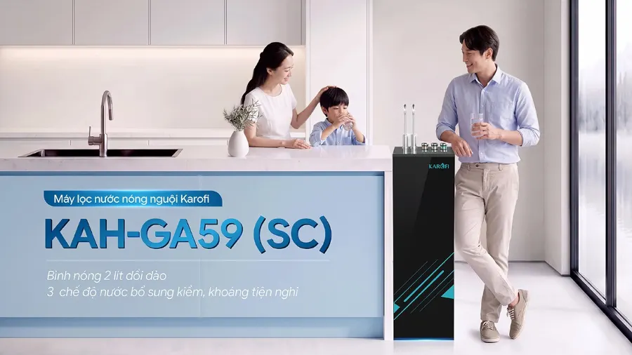 Máy lọc nước nóng nguội Karofi KAH-GA59 (SC) (SC)Bình nóng 2 lít dồi dào - 3 chế độ nước bổ sung kiềm, khoáng tiện nghi - Máy lọc nước nóng nguội Karofi KAH-GA59 (SC)