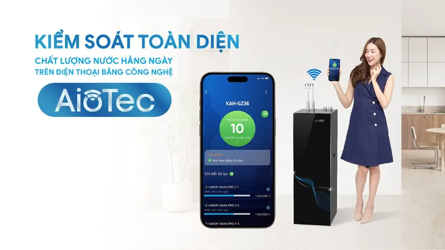 Công nghệ AioTec - kiểm soát chất lượng nước mỗi ngày, mọi lúc – Máy lọc nước nóng nguội Karofi KAH-GZ36 - Máy lọc nước nóng nguội Karofi KAH-GZ36