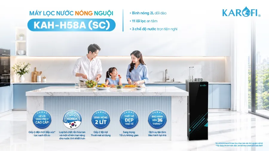 Máy lọc nước nóng nguội máy lọc nước nóng nguội Karofi KAH-H58A (SC) (sc) 2l nóng dồi dào - 11 lõi lọc an tâm - 3 chế độ nước trọn tiện nghi - Máy lọc nước nóng nguội Karofi KAH-H58A (SC)