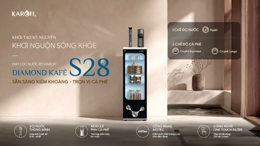 Máy lọc nước Karofi DIAMOND KAFÉ S28 DIAMOND KAFÉ S28Khởi tạo kỷ nguyên - khơi nguồn sống khỏeSẵn sàng kiềm khoáng - Trọn vị cafe - Máy lọc nước Karofi DIAMOND KAFÉ S28