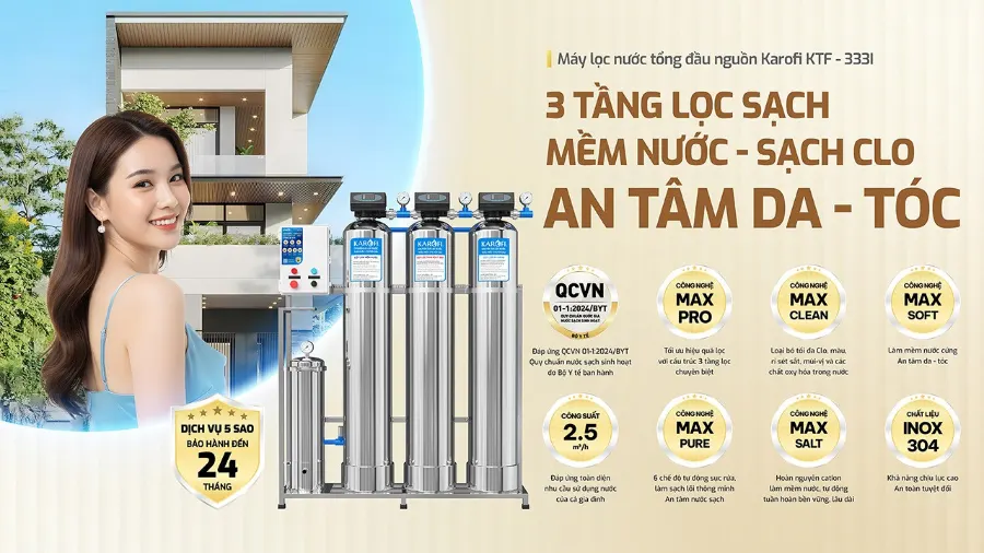 Máy lọc nước tổng đầu nguồn Karofi KTF-333I - 3 tầng lọc sạch, mềm nước - sạch clo, an tâm da tóc - Lọc tổng Karofi KTF-333