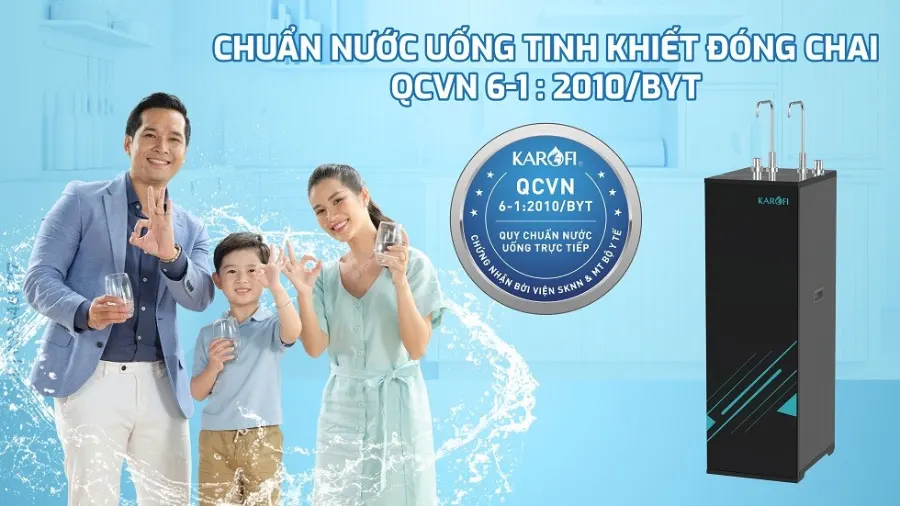 Nước sau lọc đạt chuẩn nước uống tinh khiết đóng chai qcvn 6:1-2010/BYT - Máy lọc nước nóng nguội Karofi KAH-H58