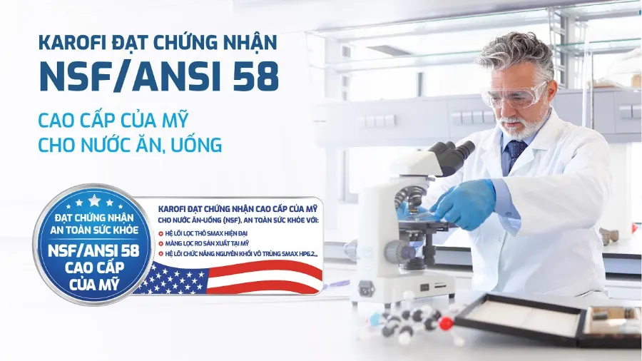 Karofi đạt chứng nhận an toàn sức khỏe nsf/ansi 58 cao cấp của mỹ – Máy lọc nước nóng lạnh Hydro-ion kiềm Karofi KAE-HKT68 - Máy lọc nước nóng lạnh Hydro-ion kiềm Karofi KAE-HKT68