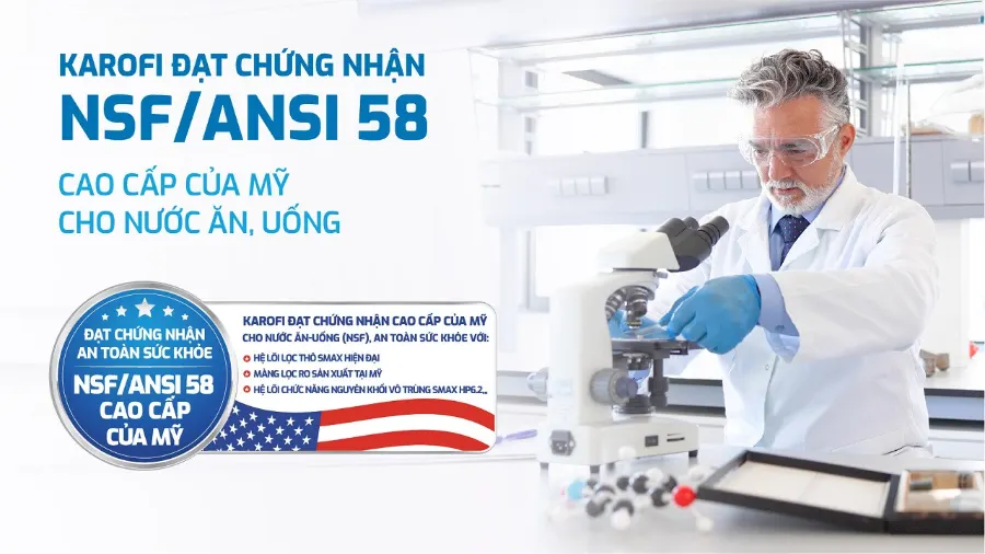 Karofi đạt chứng nhận an toàn sức khỏe nsf/ansi 58 cao cấp của mỹ - Máy lọc nước nóng lạnh Karofi KAD-HK68