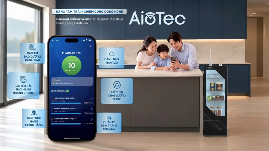 Công nghệ AioTec - theo dõi nguồn nước từ xa, an tâm mọi lúc - Máy lọc nước Karofi Platinum K20
