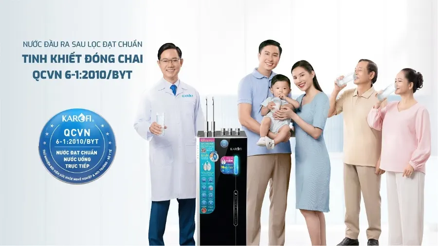 Nước sau lọc tại vòi đạt chuẩn tinh khiết đóng chai qcvn 6-1:2010/BYT – Máy lọc nước nóng lạnh Hydro-ion kiềm Karofi KAE-HKT68 - Máy lọc nước nóng lạnh Hydro-ion kiềm Karofi KAE-HKT68