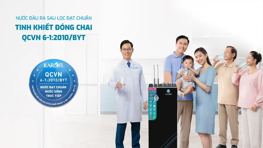 Nước sau lọc tại vòi đạt chuẩn tinh khiết đóng chai qcvn 6-1:2010/BYT - Máy lọc nước nóng lạnh Karofi KAD-HK68