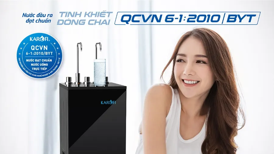 Nước sau lọc đạt chuẩn nước uống tinh khiết đóng chai qcvn 6-1:2010/BYT - Máy lọc nước nóng lạnh Karofi KAD-M55
