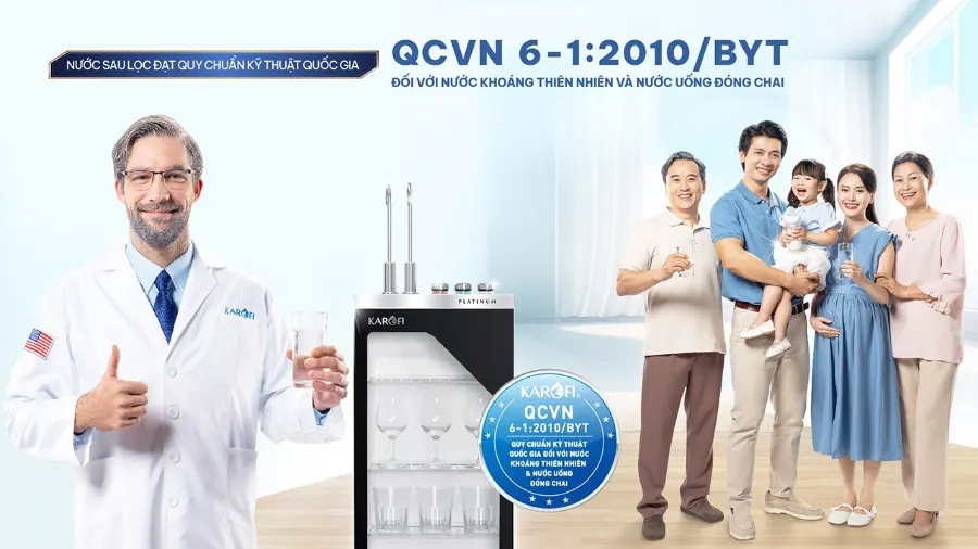 Nước sau lọc tại vòi đạt chuẩn QCVN 6-1:2010/BYT - Máy lọc nước nóng lạnh Karofi PLATINUM S66