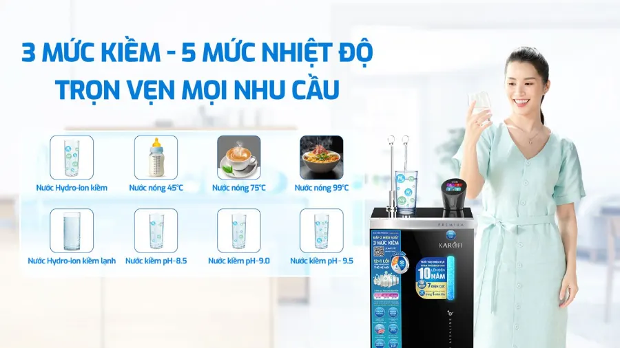 3 mức kiềm - 5 mức nhiệt độ trọn vẹn mọi nhu cầu – Máy lọc nước nóng lạnh Hydro-ion kiềm Karofi KAE-S88 PROMAX - Máy lọc nước nóng lạnh Hydro-ion kiềm Karofi KAE-S88 PROMAX