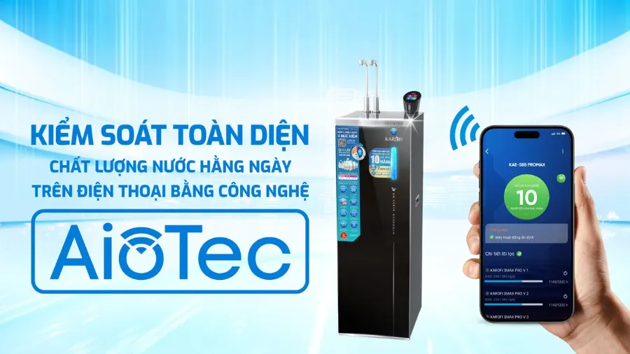 Công nghệ AioTec thông minh - kiểm soát chất lượng nước toàn diện qua điện thoại – Máy lọc nước nóng lạnh Hydro-ion kiềm Karofi KAE-S88 PROMAX - Máy lọc nước nóng lạnh Hydro-ion kiềm Karofi KAE-S88 PROMAX