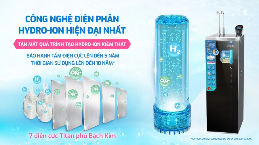 Công nghệ điện phân Hydro-ion - tận mắt quan sát quá trình tạo Hydro-ion kiềm thật – Máy lọc nước nóng lạnh Hydro-ion kiềm Karofi KAE-S88 PROMAX - Máy lọc nước nóng lạnh Hydro-ion kiềm Karofi KAE-S88 PROMAX