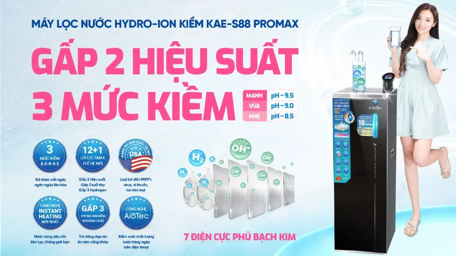 Máy lọc nước nóng lạnh Hydro-ion kiềm Karofi KAE-S88 PROMAX - Máy lọc nước nóng lạnh Hydro-ion kiềm Karofi KAE-S88 PROMAX
