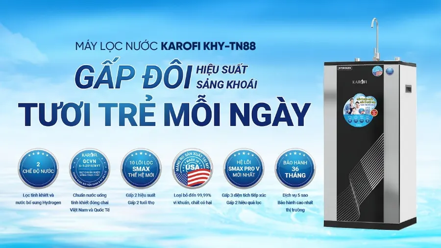 Máy lọc nước Karofi KHY-TN88 - Gấp 2 hiệu suất - Gấp 2 tuổi thọ - Tươi trẻ mỗi ngày - Máy lọc nước Karofi KHY-TN88