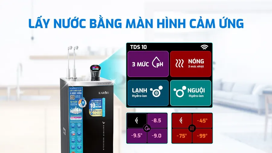 1 chạm cảm ứng lấy nước dễ dàng, nhanh chóng – Máy lọc nước nóng lạnh Hydro-ion kiềm Karofi KAE-S88 PROMAX - Máy lọc nước nóng lạnh Hydro-ion kiềm Karofi KAE-S88 PROMAX