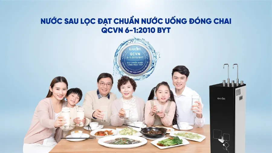 Nước sau lọc đạt chuẩn nước uống đóng chai QCVN 6-1:2010 BYT - Máy lọc nước nóng lạnh Karofi KAD-M33