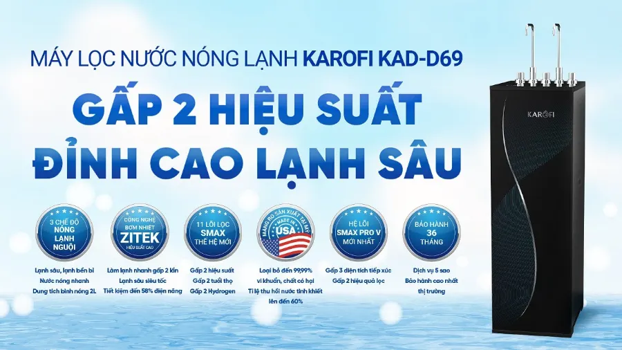 Máy lọc nước nóng lạnh Karofi KAD-D69: gấp 2 hiệu suất - đỉnh cao lạnh sâu - Máy lọc nước nóng lạnh Karofi KAD-D69