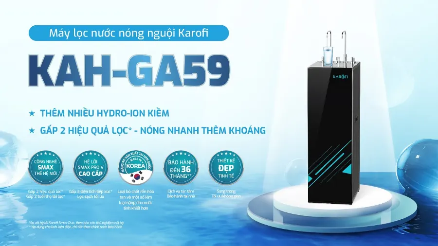 Máy lọc nước nóng nguội Karofi KAH-GA59 thêm nhiều Hydro-ion kiềm gấp 2 hiệu quả lọc - nóng nhanh thêm khoáng - Máy lọc nước nóng nguội Karofi KAH-GA59