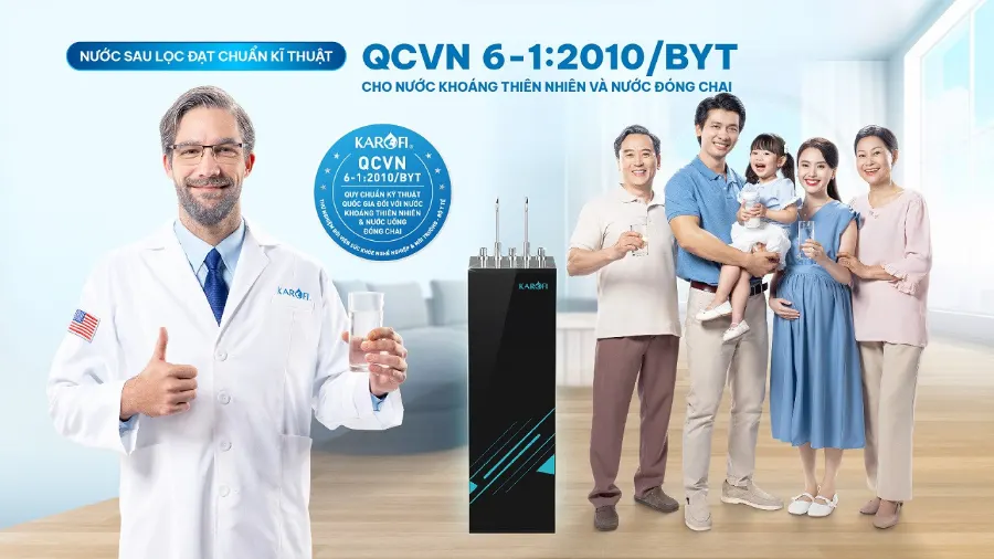 Nước sau lọc tại vòi đạt chuẩn cho nước khoáng thiên nhiên và nước uống đóng chai qcvn 6-1:2010/BYT - Máy lọc nước nóng nguội Karofi KAH-GA59