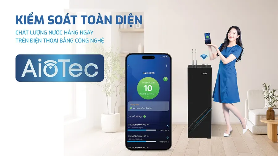 Công nghệ AioTec - giám sát chất lượng nước toàn diện hàng ngày – Máy lọc nước nóng nguội Karofi KAH-HK58 - Máy lọc nước nóng nguội Karofi KAH-HK58