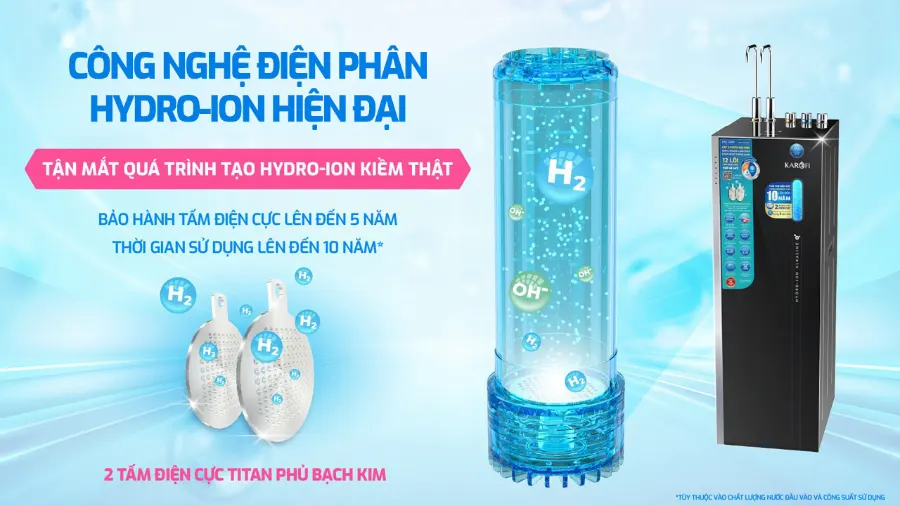 Công nghệ điện phân Hydro-ion - trái tim của máy lọc nước máy lọc nước nóng lạnh Hydro-ion kiềm Karofi KAE-S688 - Máy lọc nước nóng lạnh Hydro-ion kiềm Karofi KAE-S688