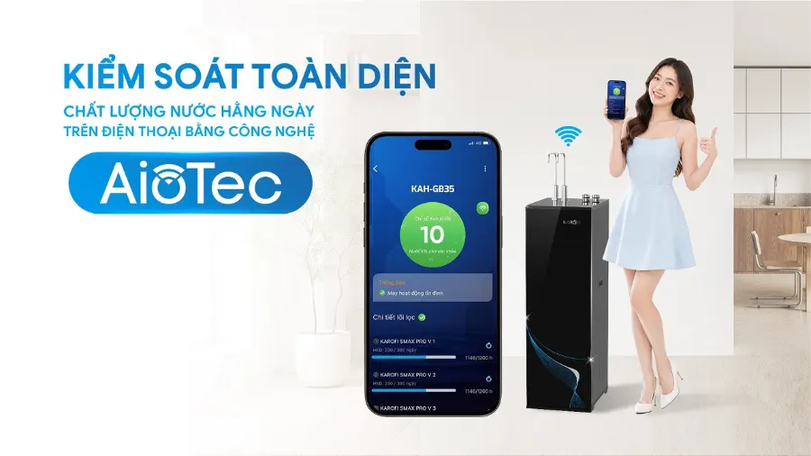 Công nghệ AioTec thông minh - kiểm soát nước sạch từ xa, an tâm mỗi ngày – Máy lọc nước nóng nguội Karofi KAH-GB35 - Máy lọc nước nóng nguội Karofi KAH-GB35