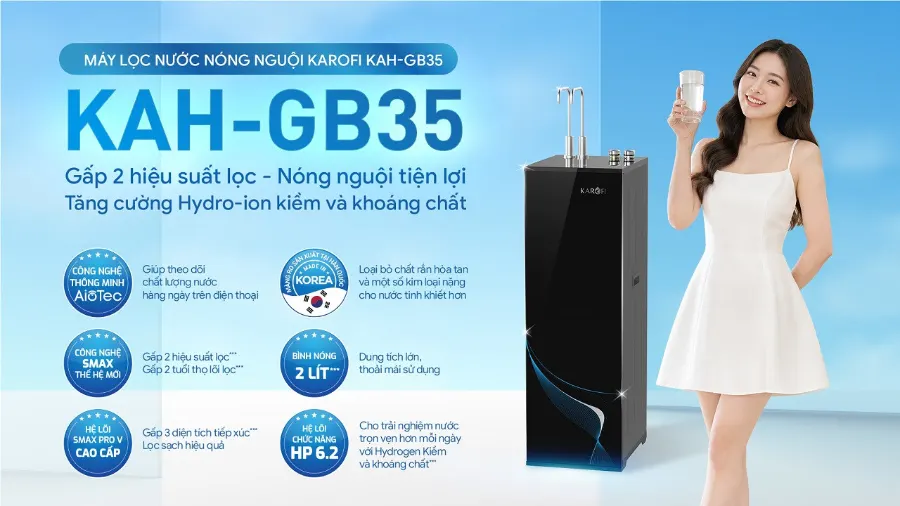 Máy lọc nước nóng nguội Karofi KAH-GB35Gấp 2 hiệu suất lọc - Nóng nguội tiện lợi - Tăng cường Hydro-ion kiềm và khoáng chất - Máy lọc nước nóng nguội Karofi KAH-GB35