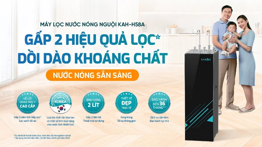 Máy lọc nước nóng nguội máy lọc nước nóng nguội Karofi KAH-H58A gấp 2 hiệu quả lọc* - nước nóng sẵn sàng - dồi dào khoáng chất - Máy lọc nước nóng nguội Karofi KAH-H58A