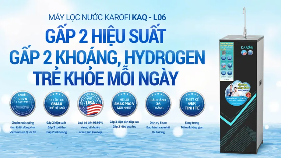Máy lọc nước Karofi KAQ-L06: gấp 2 hiệu suất - gấp 2 khoáng, hydrogen - trẻ khỏe mỗi ngày - Máy lọc nước Karofi KAQ-L06